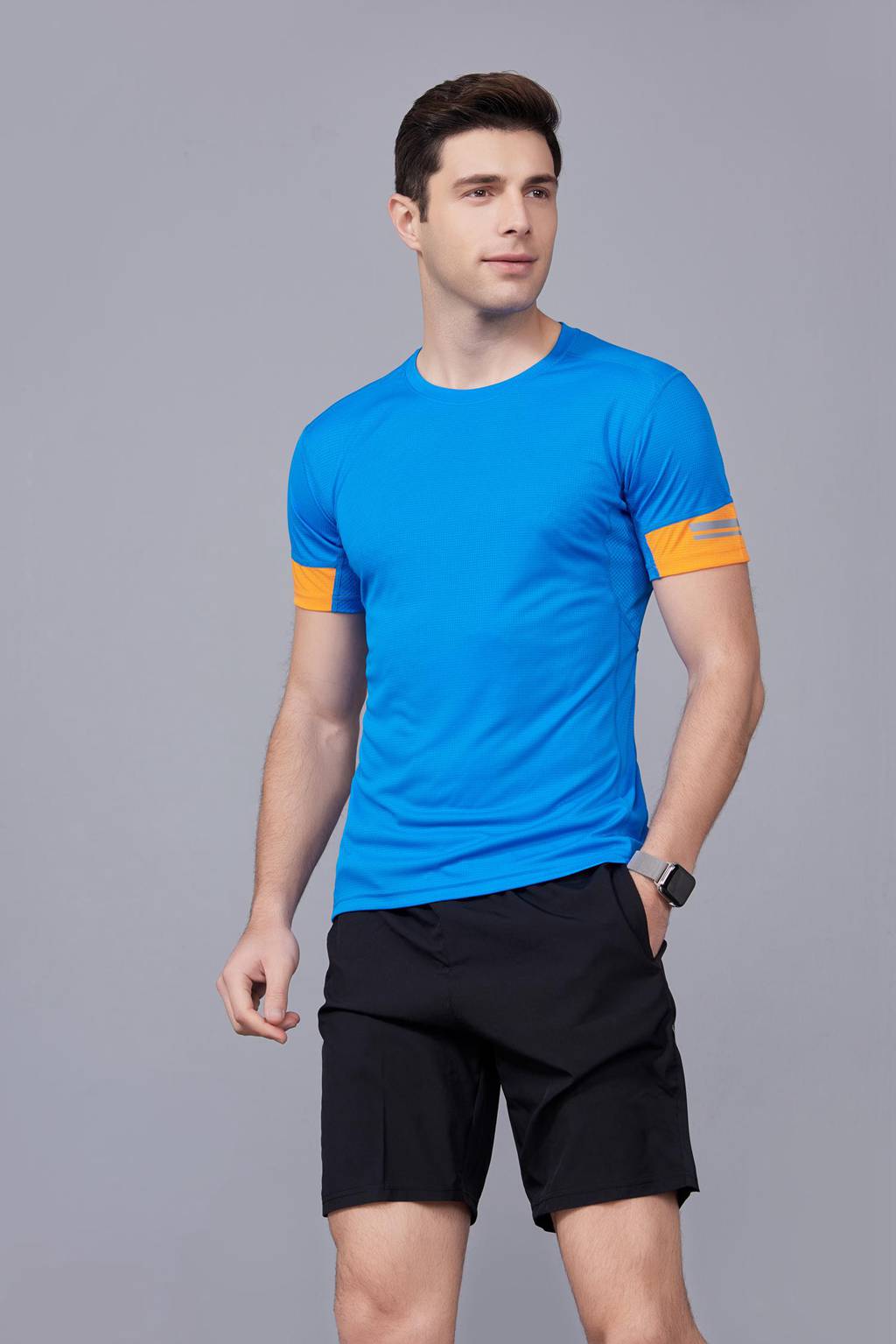 超彈力純色上衣 夏季男裝T恤文化衫 湖藍(lán)【圓領(lǐng)】