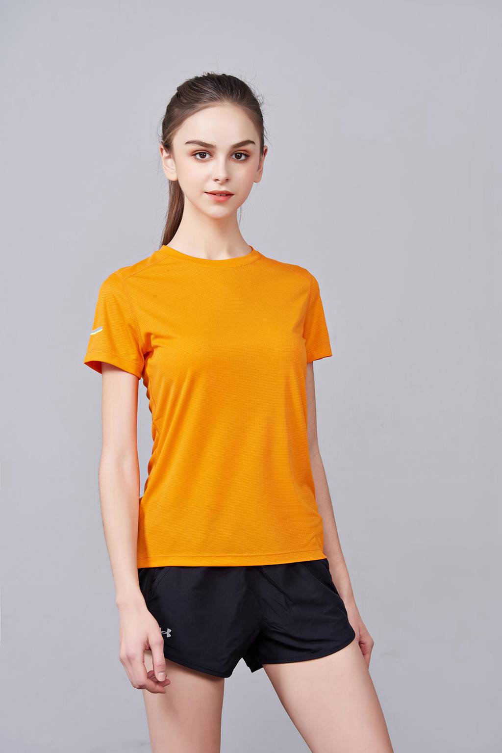 超彈力純色上衣 夏季男女裝T恤文化衫 橘色【圓領】