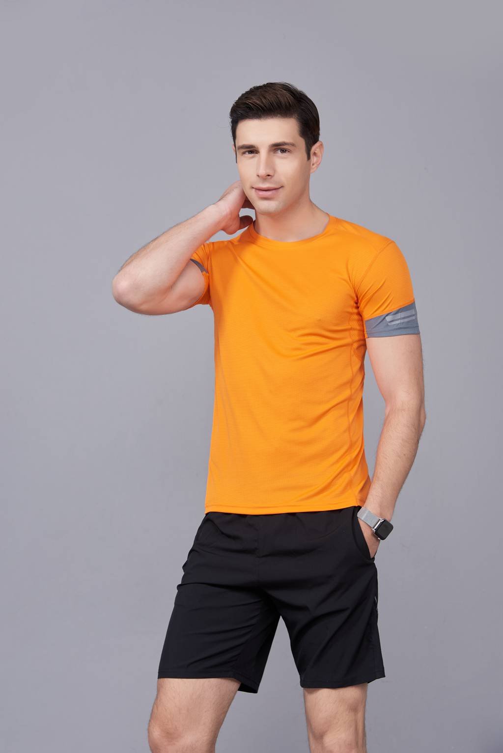 男裝新款情侶裝純色T恤 男上衣潮純棉圓領 短袖T恤 橘色